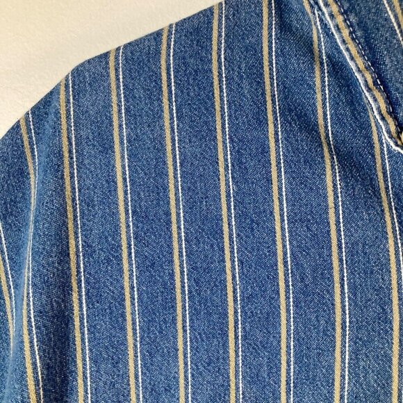 Mens Vintage Basic Editions Striped Denim Button Shirt Short Sleeve Blue Tan L - Picture 5 of 6